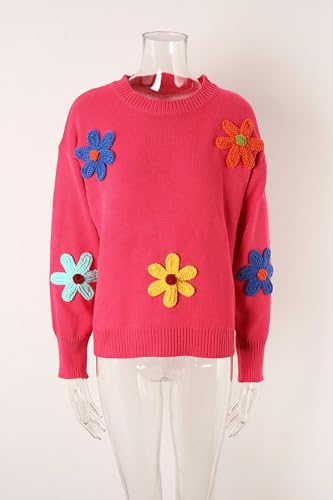 Damen Pullover Herbst Und Winter Frauenblumenpullover Großer Loser Runder Nackenpullover-Rosenrot-L von WLDMI