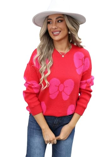 Damen Pullover Winter Frauenkleidung Großer Größe Loser Bogenpullover Pullover Populärer Gestrickter Pullover Für Frauen-Rot-M von WLDMI
