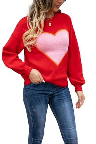 Damen Pullover Winter Wear Big Heart Valentinstag Rund Hals Pullover Pullover Großer Pfirsich Herzpullover Für Frauen-Rot-L von WLDMI