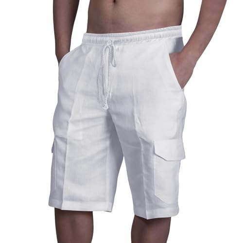 Herren Shorts Arbeitshorts Feste Farbshorts Elastizität Sommer Schnüre-Up White Men Shorts Holiday Casual Hohosers-Weiss-XL von WLDMI