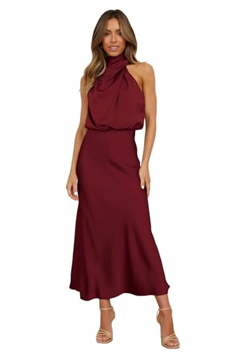 WLDMI Abendkleider Frühlings- Und Sommersatin -Ärmellose Abendkleid Kleid Modisches Helles Abendkleid-Dunkelrot-XL von WLDMI