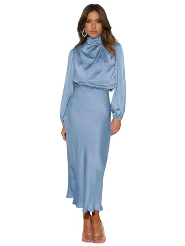 WLDMI Abendkleider Herbst Satin Longärmelte Lose Kleid Elegantes Frauen Abendkleid-Blau-S von WLDMI