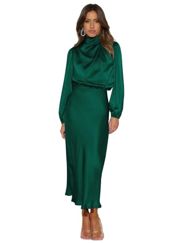 WLDMI Abendkleider Herbst Satin Longärmelte Lose Kleid Elegantes Frauen Abendkleid-Dunkelgrün-XL von WLDMI