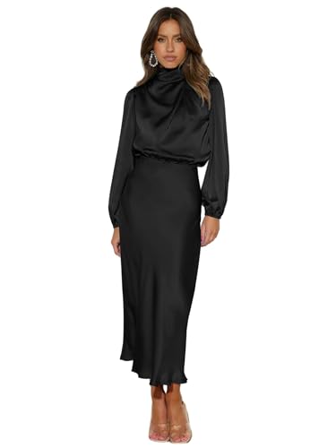 WLDMI Abendkleider Herbst Satin Longärmelte Lose Kleid Elegantes Frauen Abendkleid-Schwarz-L von WLDMI