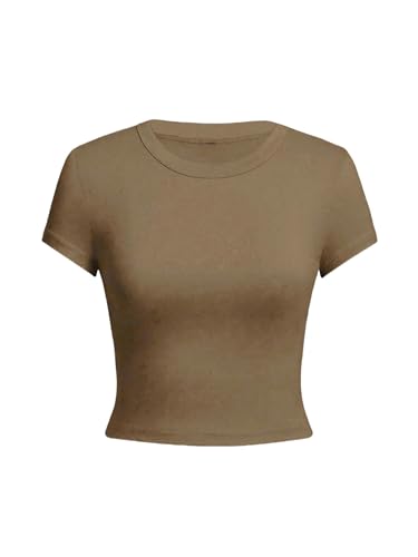 WLDMI Crop Top Damen-Solid-Farbe Kurzteile Kurze Ärmel Hohe Elastisches T-Shirt Weiches Runde Nackensport-T-Shirt-Braun-XL von WLDMI