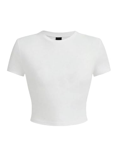 WLDMI Crop Top Damen-Solid-Farbe Kurzteile Kurze Ärmel Hohe Elastisches T-Shirt Weiches Runde Nackensport-T-Shirt-Weiß-M von WLDMI