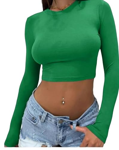 WLDMI Damen Langarmshirt Frühlings- Und Herbstmädchen Feste Farbe Runder Nacken Schlanker Nabel-Exponiertes Langarm T-Shirt Frauenkleidung-Grün-XL von WLDMI