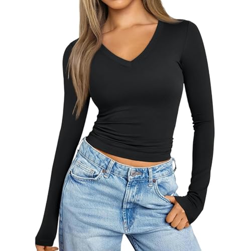 WLDMI Damen Langarmshirt Slim Fit Booding Shirt Enge Feste Farbt-Shirt Bottoming Shirt Mode Bottoming Shirt T-Shirt-Schwarz-S von WLDMI