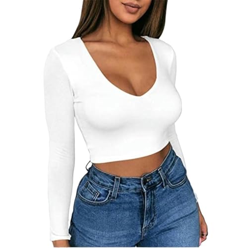 WLDMI Damen Langarmshirt Ultra-Short-Niedrig Geschnittene Bauch-Bauch-Tops Enge Sexy Bodenhemden Mit Langen Ärmeln-Weiß-M von WLDMI