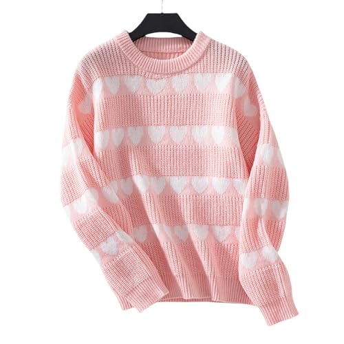 WLDMI Damen Pullover Herbst Und Winterliebe Herz Pullover Frauenpullover All-Match Frauenkleidung Gestrickt-Rosa-M von WLDMI