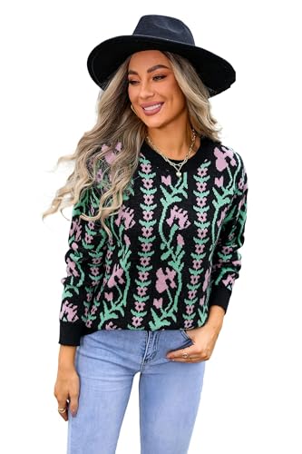 WLDMI Damen Pullover Herbst- Und Winterpullover Jacquard Tree AST Rund Hals Blume Gestrickt Modepullover Für Frauen-Schwarz-XL von WLDMI