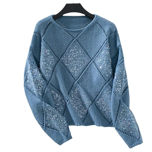 WLDMI Damen Pullover Hohlpailletten Gestrickte Paillon -Pullover -Frauen Herbst- Und Winterdiamantmuster Pullover Strickpullover-Blau-XL von WLDMI