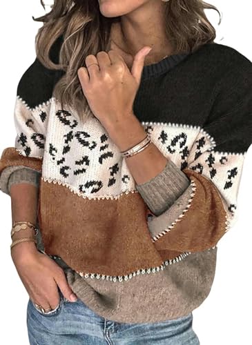 WLDMI Damen Pullover Winterpullover Personalisierter Leopardendruckstick -Stick -Pullover Großer Sweater-Braun-S von WLDMI