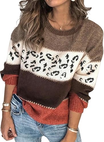 WLDMI Damen Pullover Winterpullover Personalisierter Leopardendruckstick -Stick -Pullover Großer Sweater-Khaki-XL von WLDMI