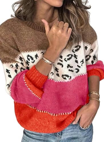 WLDMI Damen Pullover Winterpullover Personalisierter Leopardendruckstick -Stick -Pullover Großer Sweater-Rosa Braun-S von WLDMI