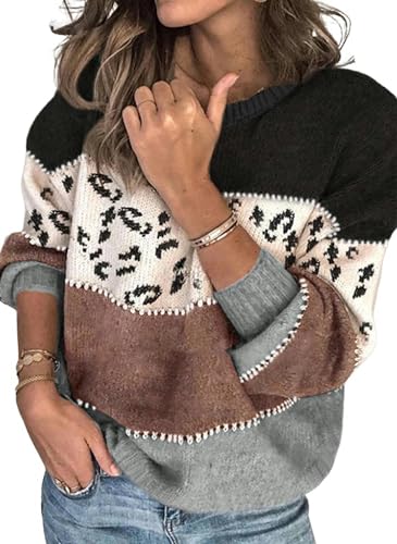 WLDMI Damen Pullover Winterpullover Personalisierter Leopardendruckstick -Stick -Pullover Großer Sweater-Schwarzgrau-XL von WLDMI