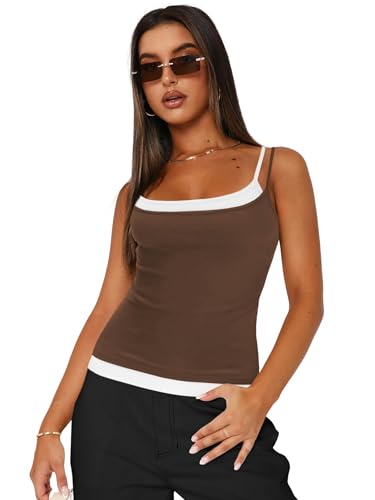 WLDMI Damen Tanktop Gefälschte Zweiteilige Camisole Innere Wear Damen Slim Fit Top Strick-Pullover-Bottom-Hemd-Braun-M von WLDMI