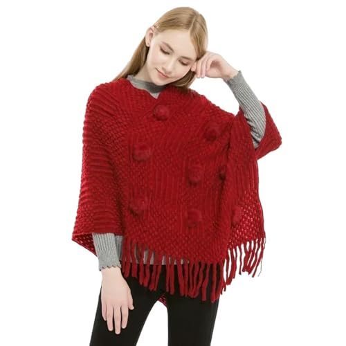 WLDMI Gestrickter Umhang Cape Schal Wickelumhang Ethnischer Kapuzenponcho Hoody Pullover Quasten Schal Damen Gestrickt-Rot-85X80Cm von WLDMI