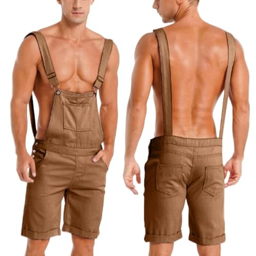 WLDMI Herren Shorts Herren Retro Overalls Jumpsuit Overts Shorts Summer Lose Jumpsuit Herren Overalls-Braun-XL von WLDMI