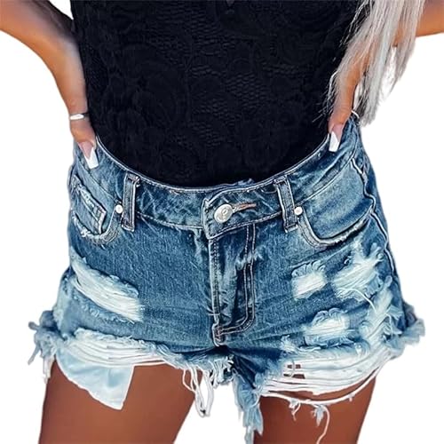 WLDMI Kapuzenpullover Quasten Zerrissen Denim Shorts Frauen Hohe Taille Waschbare Hosen Frauen Sommer Lässig Zerrissen-Denimblau-M von WLDMI