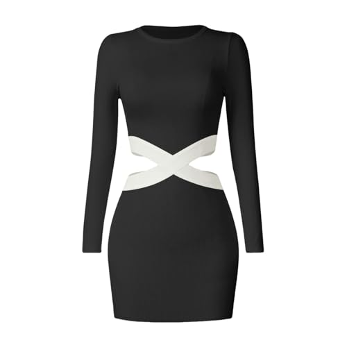 WLDMI Kleid Frauen Hohl Taillenkleid Gestricktes Kleid Schlankes Langarmes Kleid-Schwarz-XL von WLDMI