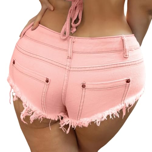 WLDMI Low Taille Hohlspaß -Gurte Hohe Elastische Sommermode -Denim -Shorts Frauen Jeans-Rosa-S von WLDMI