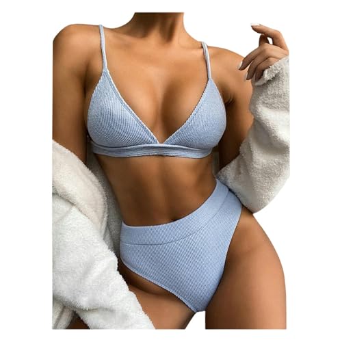 WLDMI Swimsuits Frauen Sexy Feste Farbe Zweiteiliger Badeanzug Solid Color Bikini Frauenbikini-Hellblau-L von WLDMI