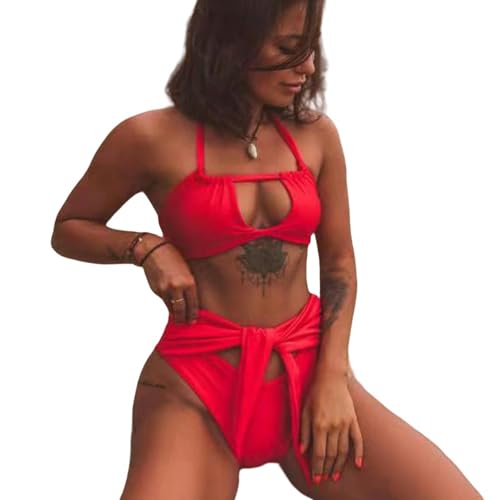 WLDMI Swimsuits Frauen Sexy Zweiteilige Feste Farbbadeanzug Zwei-Tiefe Solid Color Hohlbikini-Rot-L von WLDMI