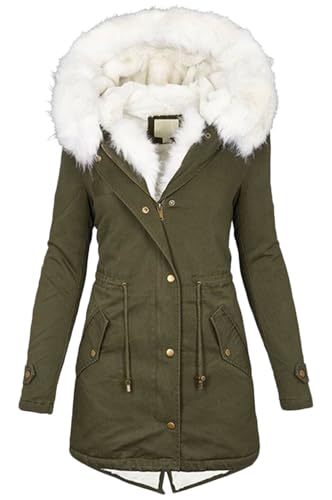 Winterjacke Damen Lang Winter Warm Gefütterte Kapuzenjacke Parka Damen Winter mit Fellkapuze Lässig Wintermantel Übergangsjacke Fleece Dicke Daunenjacke Bbequeme Outdoorjacke Softshelljacke,Grün,L von WLDOCA