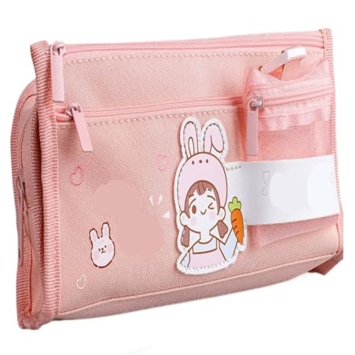 WLFKL Waschbare Federtasche Student Mesh Bleistift Tasche Große Kapazität Prüfung Briefpapier Bleistift Tasche Süße Lagerung Leinwand Briefpapier Tasche Stiftbeutel(Pink) von WLFKL