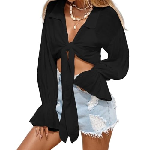 WLLDDDIU Damen Bolero Achselzucken Sommer gerüschte Kurze Strickjacke dünnes Netz Glockenärmel Oberbekleidung Elegante durchsichtige schnürbare Schal Oberteile Kimono Strickjacke Strandmod von WLLDDDIU