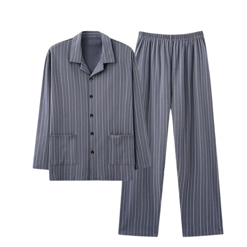 WLLDDDIU Traditionelles Herren Pyjama Set,grau gestreifte Baumwoll Nachtwäsche,Klassische Knopf Nachtwäsche mit Tasche,superweiches Lounge Set,gemütliche Loungewear Oberteile,Pyjama Gesc von WLLDDDIU