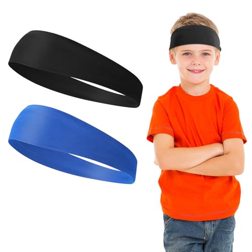 WLLHYF 2 Stück Sport-Stirnbänder für Kinder, weiche sportliche Schweißbänder, Stirnband für Mädchen und Jungen, feuchtigkeitsableitendes, elastisches Haarband für Kinder und Jugendliche (Schwarz+blau) von WLLHYF