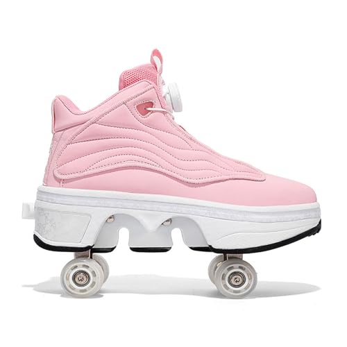 Roller Skate Schuhe, Skateboarding Skates mit 4 Rädern Parkour Schuhe Einziehbare Skate Sneaker Schuhe für Kinder Teenager Erwachsene Outdoor Sportschuhe,Pink-37 von WLOWS