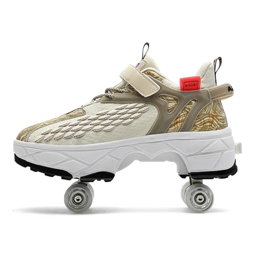 Unsichtbare Roller Skate Schuhe, Multifunktionale Deformation Roller Skate Schuhe 4-Rad Roller Skates Outdoor Sportschuhe für Erwachsene Kind,Beige-36 von WLOWS