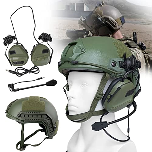 WLXW Aramid Kugelsicherer Helm Und Einstellbares Taktisches Headset Set, Level 3 Ballistischer Militärhelm Mit Helm Noise Cancelling Kopfhörer, Persönliche Sicherheitsausrüstung,Grün,M von WLXW