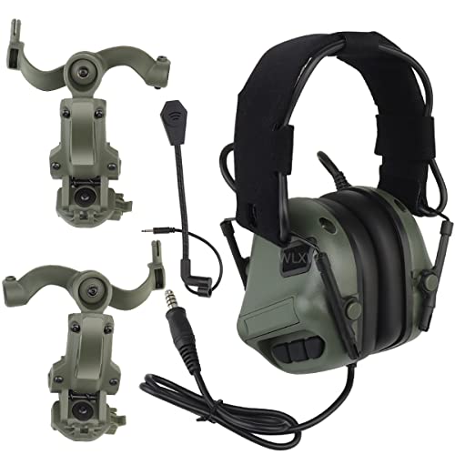 WLXW Taktisches Headset Für Airsoft (Am Kopf Und Am Helm Montiert), Wargame Hunting Outdoor Non-Military Tactical Earmuff (Noise Reduction), Mit Helm-ARC-Schienen-Adapterarm,Grün von WLXW