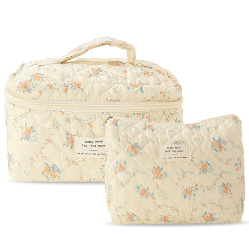 WMFASBAG Damen-Make-up-Tasche mit großem Fassungsvermögen, gesteppt, Kosmetik-Organizer, ästhetische Kulturtasche aus Baumwolle mit Blumenmuster, 2 Stück, Reise-Kosmetiktasche von WMFASBAG