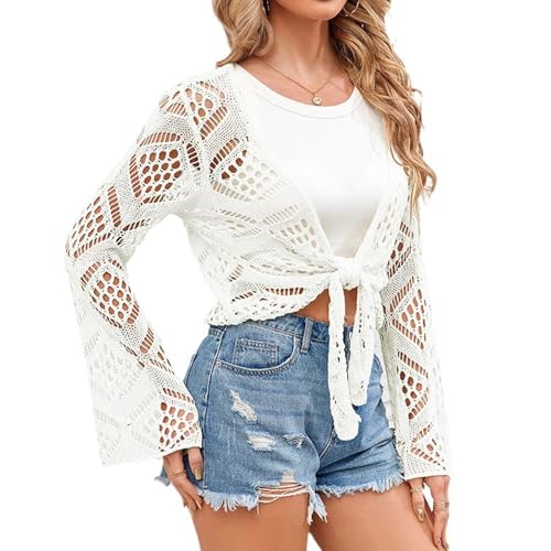 WNXGNHO Frauen Langarm Top Krawatte Vorne Badeanzug Abdeckungen Ausgehöhlt Badeanzug Abdeckungen Strand Abdeckungen Up Crop Top von WNXGNHO