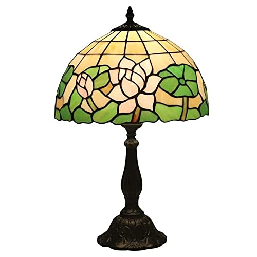 WODAMOYUAN Stilvolle Tischlampe, farbige Glastischlampe mit Lotus- und grünem Blattlampenschirm, geeignet als Nachttischlampe im Schlafzimmer, Harzsockel erforderlich (grüner Metallsockel) von WODAMOYUAN