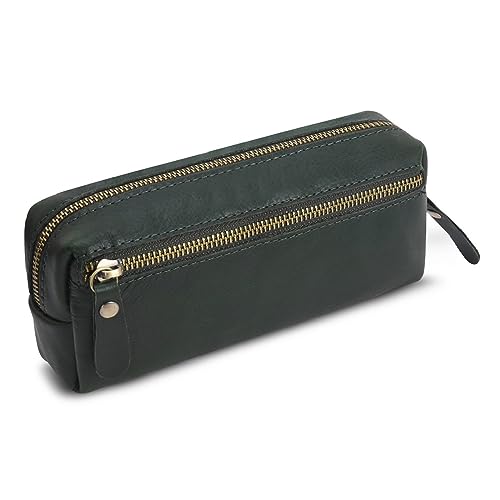 Wonderpool Leder Federmäppchen Stiftetasche Markerhalter für Schreibwaren Make-up Utensilien Organizer mit großer Kapazität und Seitentasche Reißverschluss für Männer und Frauen (Grün) von Wonderpool