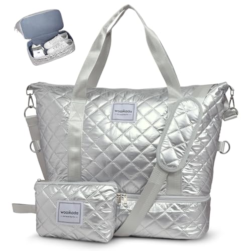 WOOMADA Weekender Bag für Damen, Reisetaschen mit Schuhfach & Nasstasche, persönliche Gegenstände Tasche für Fluggesellschaften, silber von WOOMADA