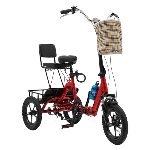 WOQLIBE 14 Zoll Dreirad für Erwachsene, 3-Rad Faltbares Dreirad Premium-Fahrrad mit Abnehmbaren Vorderen und Hinteren Aufbewahrungskörbe, für Jugendliche, Erwachsene, ältere Menschen (Rot) von WOQLIBE