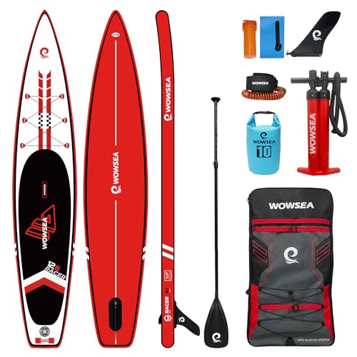 WOWSEA Traveller W1 Aufblasbares Stand Up Paddle Board, Langlebiges und Leichtgewicht SUP Board, Rennen & Reisen Paddelboard, 385cm L x 74cm W x 15cm H mit iSUP Zubehör (Rot) von WOWSEA