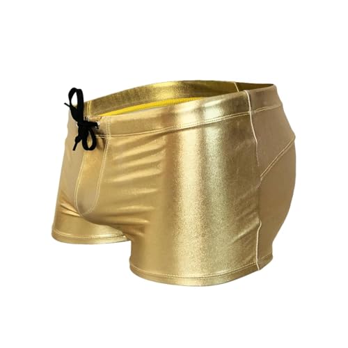 WOYUANSHA Badehose Boardshorts Schwimmhose Sexy Herren Glänzende Bademode Nylon Schnell Trocken Baden Badeanzug Niedrige Taille Badeslips Mode Männliche Tasche Trunks XXL Goldtrunk von WOYUANSHA