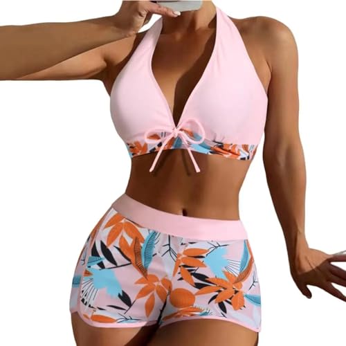 WOYUANSHA Bikini Badeanzug Damen BH Slips Set Stilvolle Dehnbare Bikini Set Hängender Hals BH Mit Hoher Taille Shorts Bikini Set XL Pink von WOYUANSHA