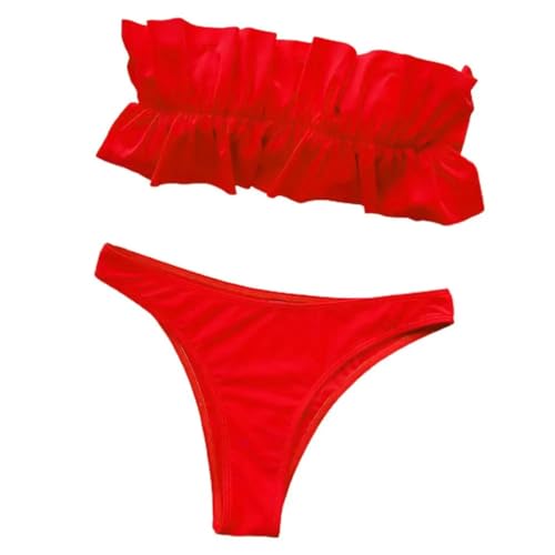 WOYUANSHA Bikini Badeanzug Damen Badeanzug Einfarbig Hohe Taille Strand Bekleidung Sexy Schulter Frei Rüschen Bandeau Bikini Set Schwimm Kleidung S Rot von WOYUANSHA