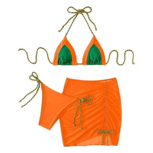 WOYUANSHA Bikini Badeanzug Damen Badeanzug Set Mit Schnürung Im Halfter-Ausschnitt Bikini-Rock Set Frühling Badeanzug Bademode S Orange von WOYUANSHA