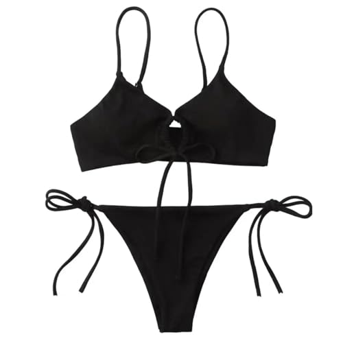 WOYUANSHA Bikini Badeanzug Damen Damen-Bikini-Set Damen-Bikini-Set Damen-Badeanzug-Set Mit Spaghetti-Riemen Mit Ausgehöhlt Rücken Hohe Taille Für Damen S Schwarz von WOYUANSHA