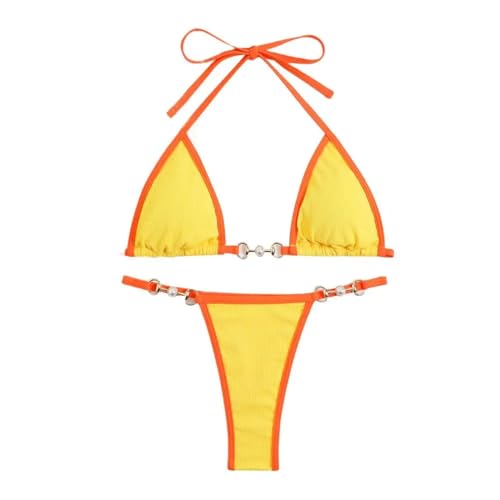 WOYUANSHA Bikini Badeanzug Damen Frauen Bikini Set DREI-Punkte-Exposed Rücken Los Frauen Bademode Hals Schwimmen Schnürung Pearl Lady Badeanzug M Gelb von WOYUANSHA